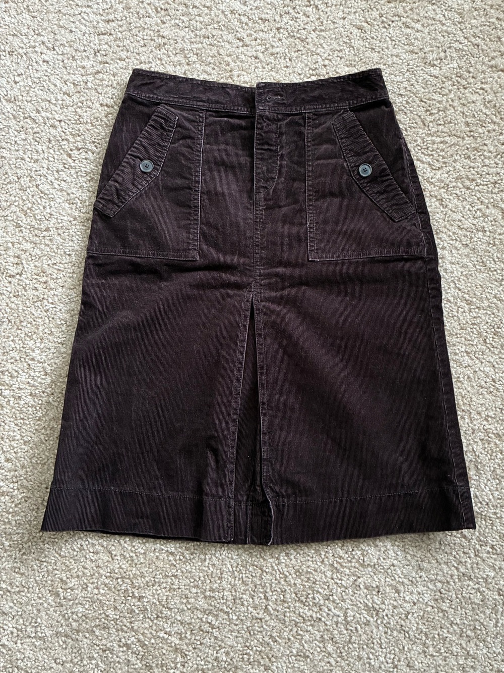 Loft Dark Brown Corduroy Midi Skirt with Front Slit, Size 0